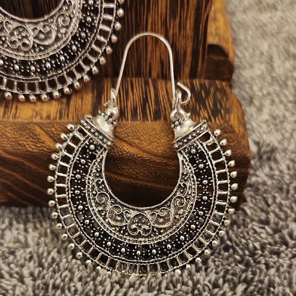 Bohemian Silver Tone Crescent Earrings - Picture 5 of 5